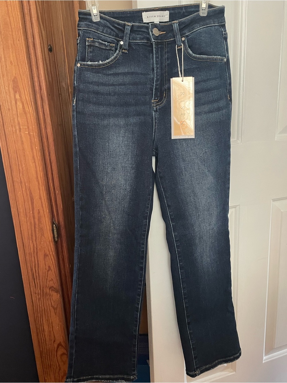 Risen Dark Wash High Rise Cropped Straight Leg Jeans